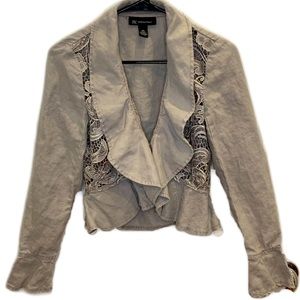 INC romantic grey linen peplum jacket with ruffle and lace details